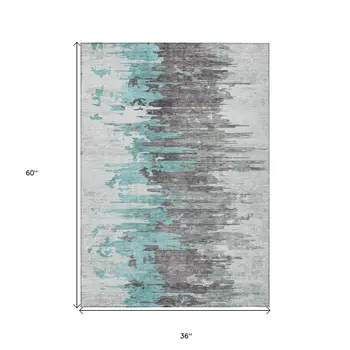 3' X 5' Teal Blue Charcoal And Silver Abstract Washable Indoor Outdoor Area Rug