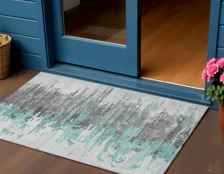 3' X 5' Teal Blue Charcoal And Silver Abstract Washable Indoor Outdoor Area Rug