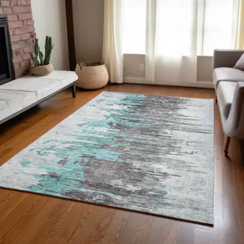 3' X 5' Teal Blue Charcoal And Silver Abstract Washable Indoor Outdoor Area Rug