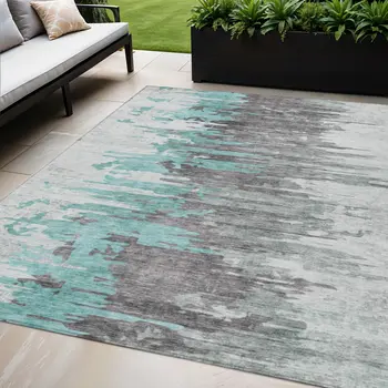5' X 8' Teal Blue Charcoal And Silver Abstract Washable Indoor Outdoor Area Rug