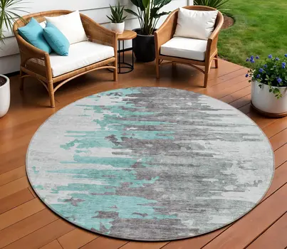 8' Teal Blue Charcoal And Silver Round Abstract Washable Indoor Outdoor Area Rug