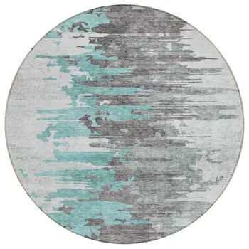 8' Teal Blue Charcoal And Silver Round Abstract Washable Indoor Outdoor Area Rug