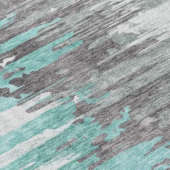 8' Teal Blue Charcoal And Silver Round Abstract Washable Indoor Outdoor Area Rug