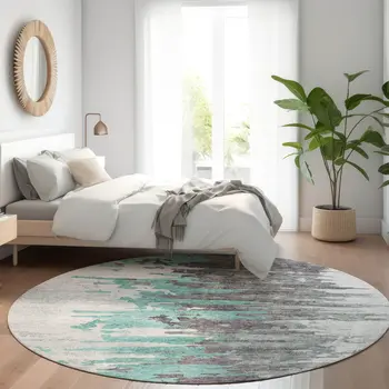 8' Teal Blue Charcoal And Silver Round Abstract Washable Indoor Outdoor Area Rug