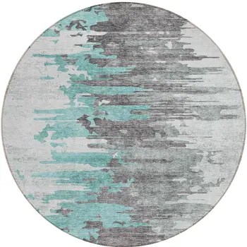8' Teal Blue Charcoal And Silver Round Abstract Washable Indoor Outdoor Area Rug