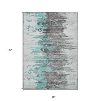 8' X 10' Teal Blue Charcoal And Silver Abstract Washable Indoor Outdoor Area Rug