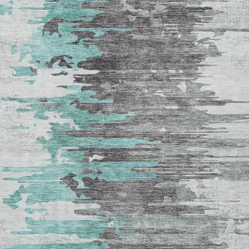 8' X 10' Teal Blue Charcoal And Silver Abstract Washable Indoor Outdoor Area Rug