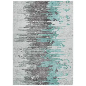 9' X 12' Teal Blue Charcoal And Silver Abstract Washable Indoor Outdoor Area Rug