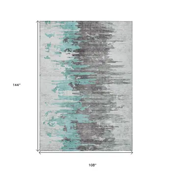 9' X 12' Teal Blue Charcoal And Silver Abstract Washable Indoor Outdoor Area Rug