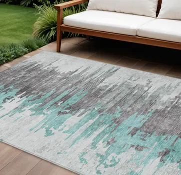 9' X 12' Teal Blue Charcoal And Silver Abstract Washable Indoor Outdoor Area Rug