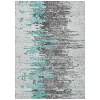9' X 12' Teal Blue Charcoal And Silver Abstract Washable Indoor Outdoor Area Rug