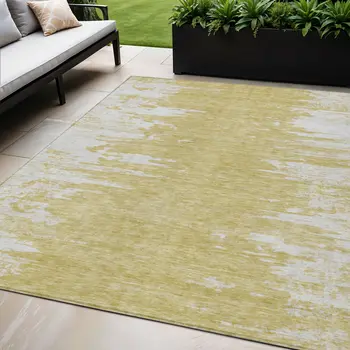 5' X 8' Gold And Ivory Abstract Washable Indoor Outdoor Area Rug
