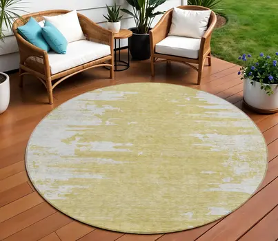 8' Gold And Ivory Round Abstract Washable Indoor Outdoor Area Rug