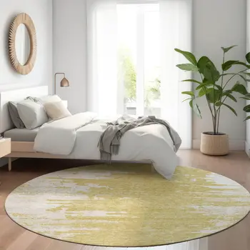 8' Gold And Ivory Round Abstract Washable Indoor Outdoor Area Rug