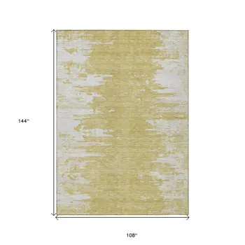 9' X 12' Gold And Ivory Abstract Washable Indoor Outdoor Area Rug
