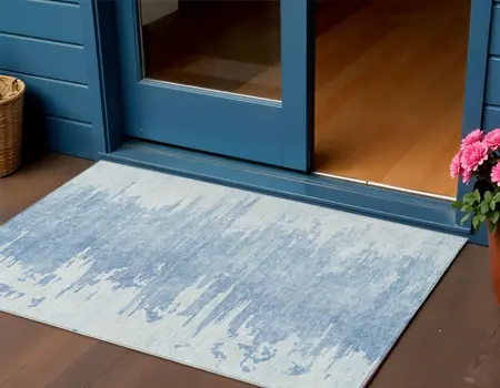 3' X 5' Sky Blue And Denim Blue Abstract Washable Indoor Outdoor Area Rug
