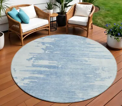 8' Sky Blue And Denim Blue Round Abstract Washable Indoor Outdoor Area Rug