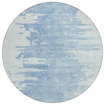 8' Sky Blue And Denim Blue Round Abstract Washable Indoor Outdoor Area Rug
