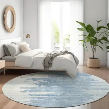 8' Sky Blue And Denim Blue Round Abstract Washable Indoor Outdoor Area Rug