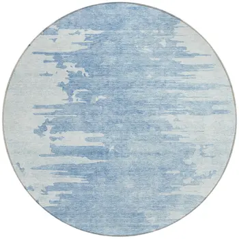 8' Sky Blue And Denim Blue Round Abstract Washable Indoor Outdoor Area Rug