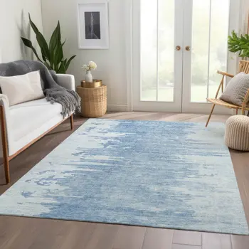8' X 10' Sky Blue And Denim Blue Abstract Washable Indoor Outdoor Area Rug