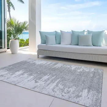 5' X 8' Silver Gray And Ivory Abstract Washable Indoor Outdoor Area Rug