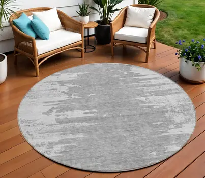 8' Silver Gray And Ivory Round Abstract Washable Indoor Outdoor Area Rug