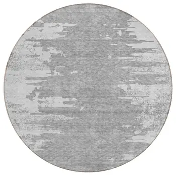 8' Silver Gray And Ivory Round Abstract Washable Indoor Outdoor Area Rug