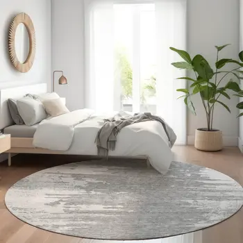8' Silver Gray And Ivory Round Abstract Washable Indoor Outdoor Area Rug