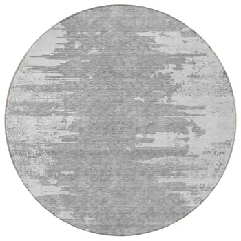 8' Silver Gray And Ivory Round Abstract Washable Indoor Outdoor Area Rug