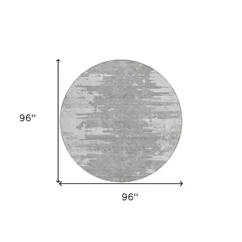8' Silver Gray And Ivory Round Abstract Washable Indoor Outdoor Area Rug