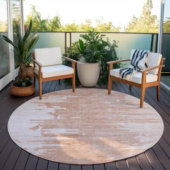 8' Terra Cotta Salmon And Copper Round Abstract Washable Indoor Outdoor Area Rug