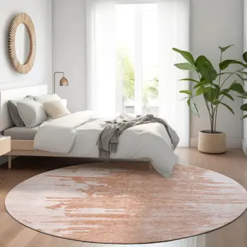 8' Terra Cotta Salmon And Copper Round Abstract Washable Indoor Outdoor Area Rug