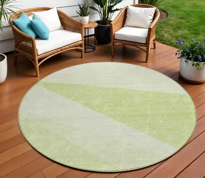 8' Mint Green And Ivory Round Geometric Washable Indoor Outdoor Area Rug