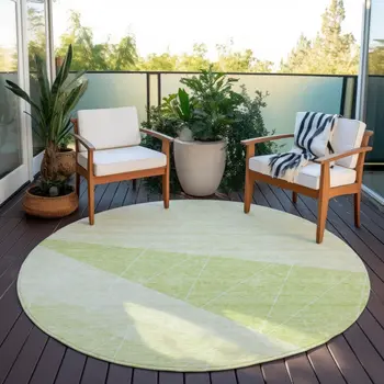 8' Mint Green And Ivory Round Geometric Washable Indoor Outdoor Area Rug