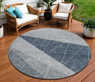 8' Charcoal Gray And Silver Round Geometric Washable Indoor Outdoor Area Rug