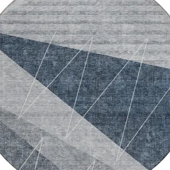 8' Charcoal Gray And Silver Round Geometric Washable Indoor Outdoor Area Rug