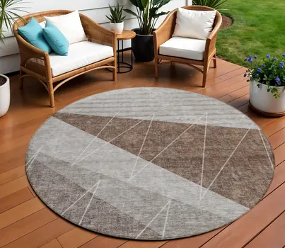 8' Gray Silver And Taupe Round Geometric Washable Indoor Outdoor Area Rug