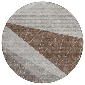 8' Gray Silver And Taupe Round Geometric Washable Indoor Outdoor Area Rug