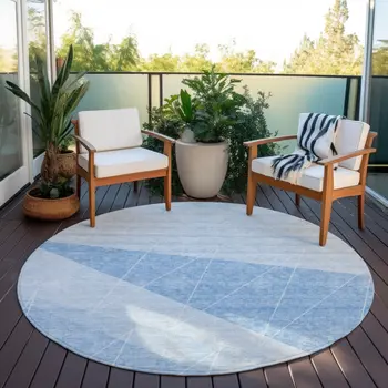 8' Sky Blue And Denim Blue Round Geometric Washable Indoor Outdoor Area Rug