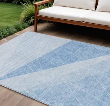 8' X 10' Sky Blue And Denim Blue Geometric Washable Indoor Outdoor Area Rug