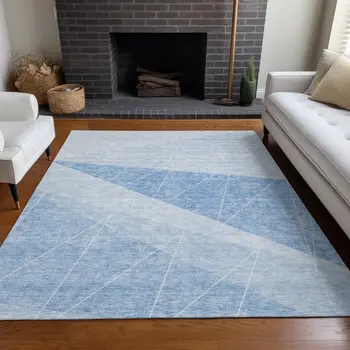9' X 12' Sky Blue And Denim Blue Geometric Washable Indoor Outdoor Area Rug
