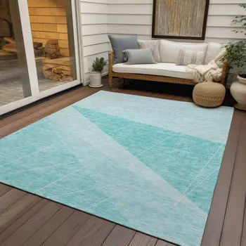 5' X 8' Teal Blue Aqua And Ivory Geometric Washable Indoor Outdoor Area Rug