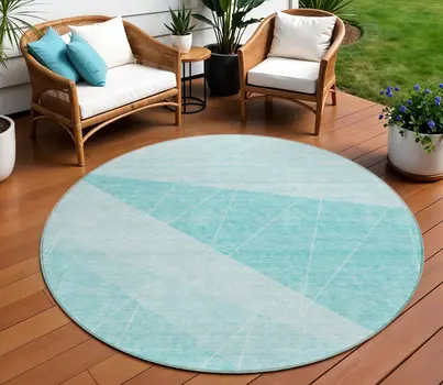 8' Teal Blue Aqua And Ivory Round Geometric Washable Indoor Outdoor Area Rug