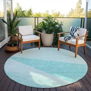 8' Teal Blue Aqua And Ivory Round Geometric Washable Indoor Outdoor Area Rug