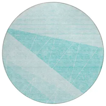 8' Teal Blue Aqua And Ivory Round Geometric Washable Indoor Outdoor Area Rug
