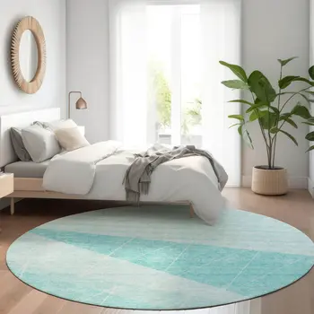 8' Teal Blue Aqua And Ivory Round Geometric Washable Indoor Outdoor Area Rug
