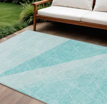 8' X 10' Teal Blue Aqua And Ivory Geometric Washable Indoor Outdoor Area Rug