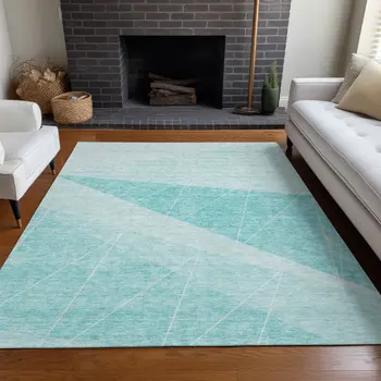 8' X 10' Teal Blue Aqua And Ivory Geometric Washable Indoor Outdoor Area Rug