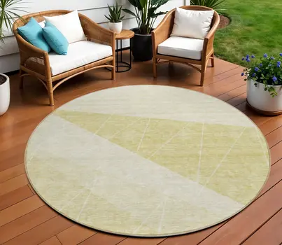 8' Wheat Gold And Ivory Round Geometric Washable Indoor Outdoor Area Rug